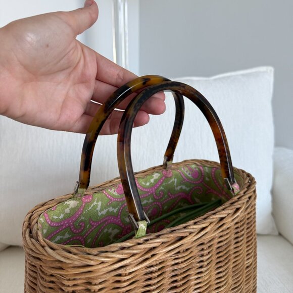 Kate Spade Wicker Basket Bag with Tortoise Handles & Paisley Interior - Picture 9 of 10